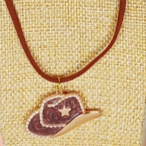 Hand Crafted Jewelry - Faux Leather Cord Cowboy Hat Charm Choker Necklace Cowgirl Western Southwestern